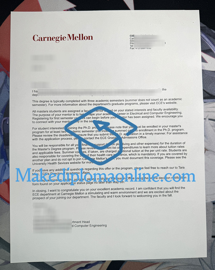Carnegie Mellon University admission letter