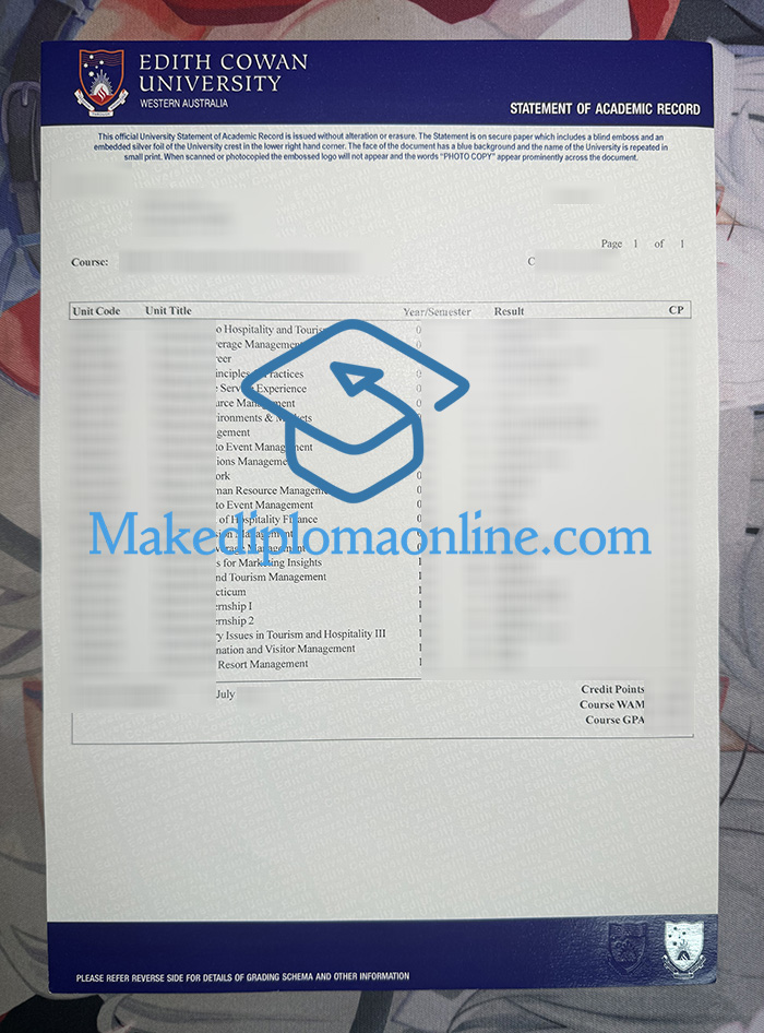 Edith Cowan University Transcript, ECU Transcript